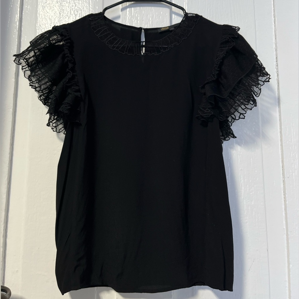 Maje Black Lucille blouse with lace ruffled sleeves 2